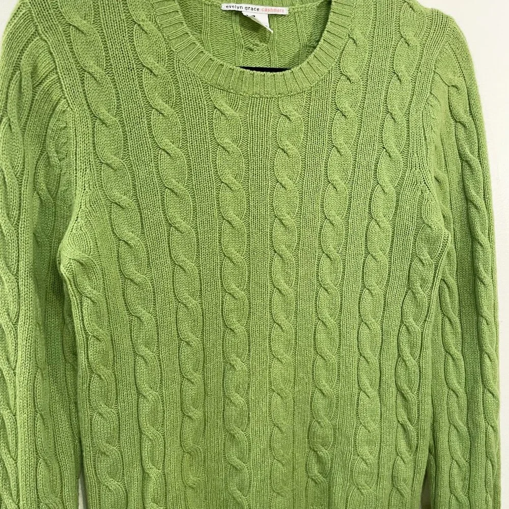 Vintage 100% Cashmere Cable Knit Sweater Lime Green Large EUC